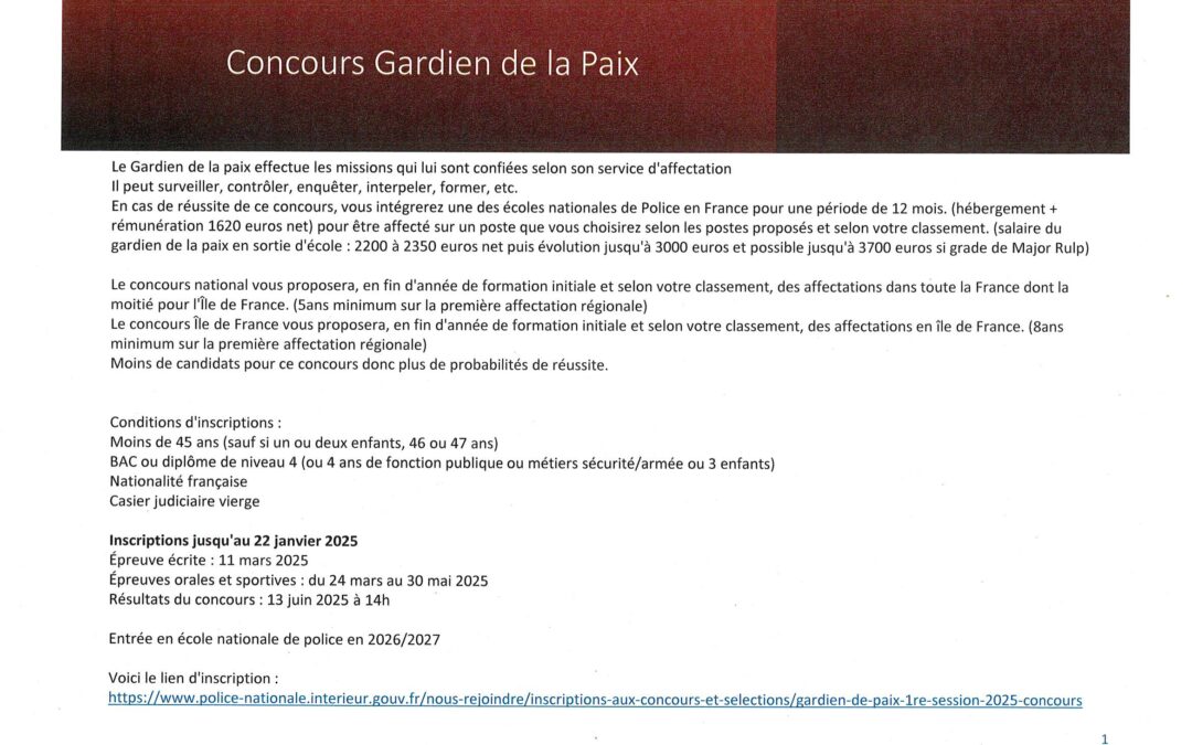 CONCOURS GARDIEN DE LA PAIX – INSCRIPTIONS JUSQU’AU 22 JANVIER 2025 – SUIVEZ LE LIEN