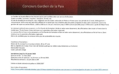 CONCOURS GARDIEN DE LA PAIX – INSCRIPTIONS JUSQU’AU 22 JANVIER 2025 – SUIVEZ LE LIEN