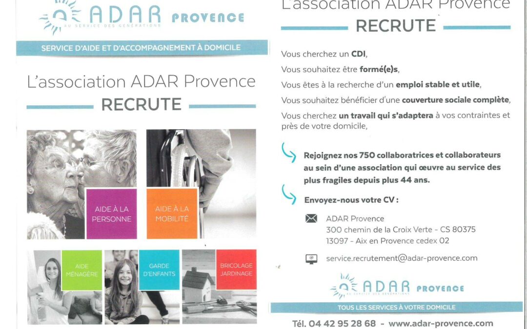 RECRUTEMENT AIDE A LA PERSONNE – ADAR PROVENCE